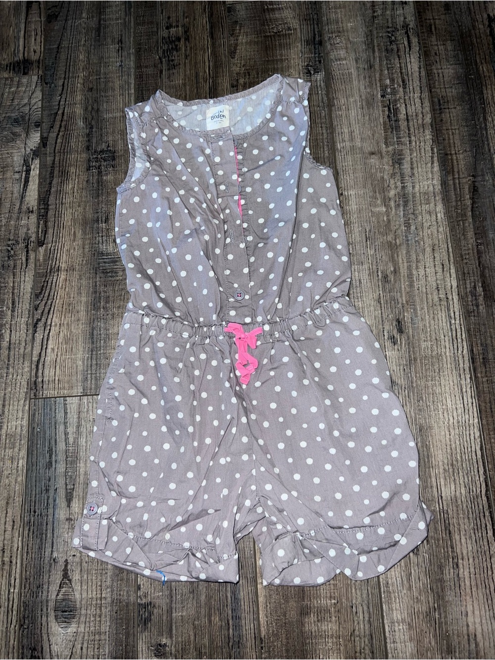 Mini Boden Polka Dot Sleeveless Romper with Pink Drawstring